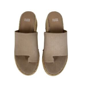 Eileen Fisher Tarry Wedge Sandals Womens 9 Shoes Taupe Tumbled Nubuck Jute